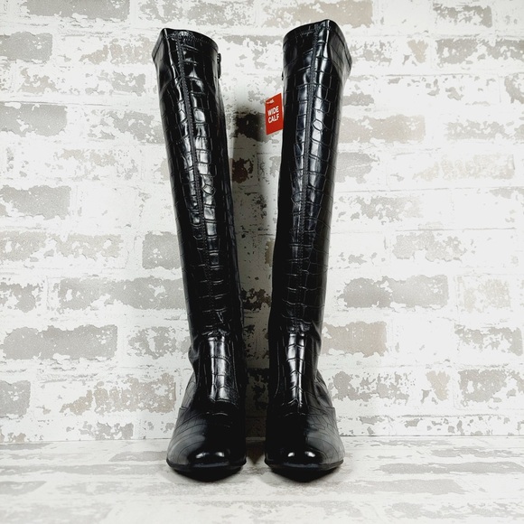 NEW Franco Sarto Talfer Knee High Faux Leather Black Croc Boots T541 - Picture 3 of 12